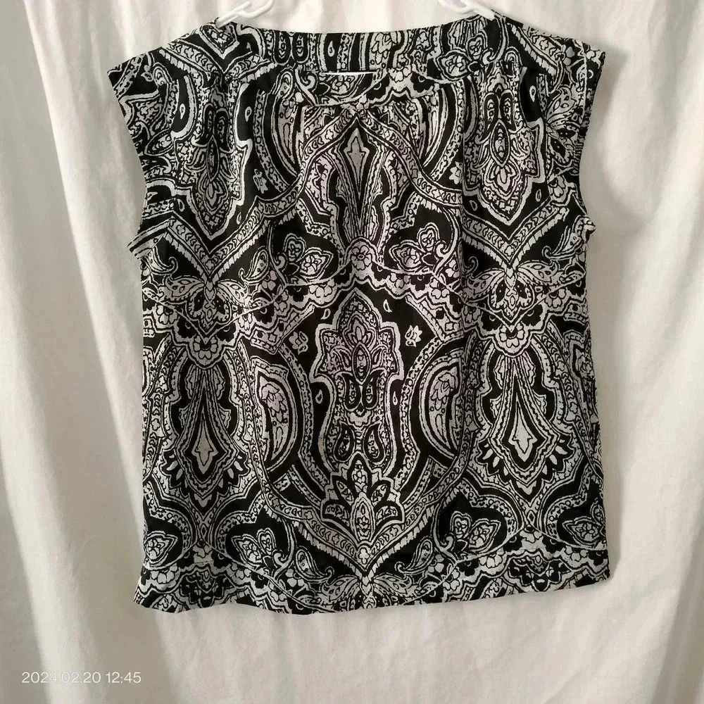 Talbots Size 14p Black White Boat Neck Blouse Top
